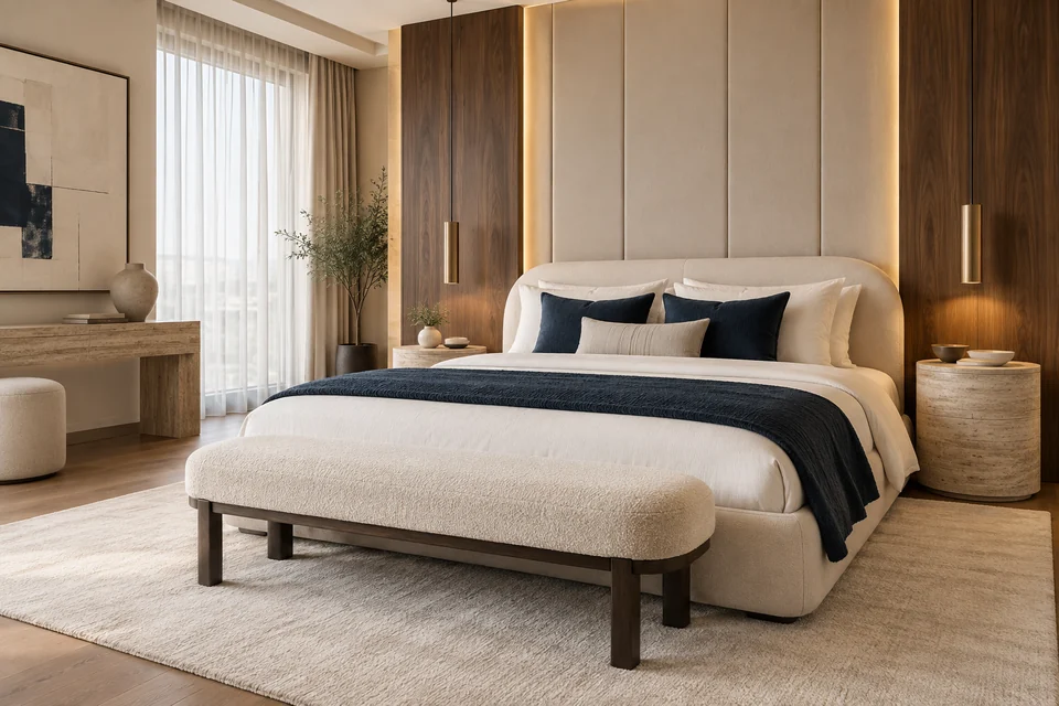 Premium bedroom concept with walnut panelling, travertine bedside tables, ivory linen and navy accents