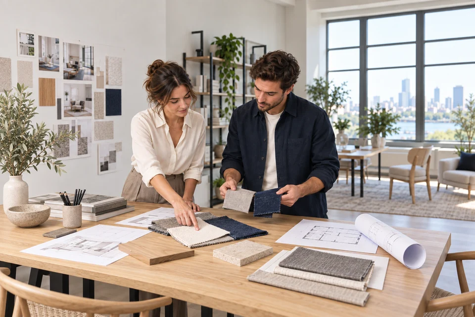 Illustration of interior designers selecting fabric, wood and stone samples for an apartment