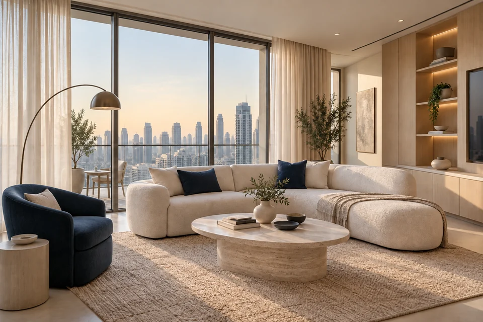 Interior design concept with an ivory sofa, navy accent chair and oak finishes in a Dubai apartment