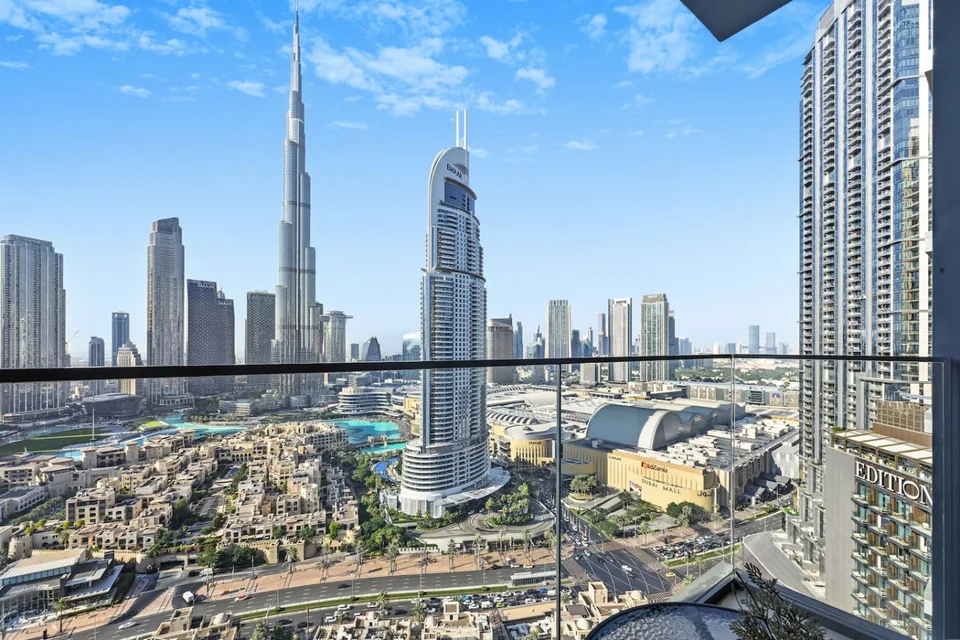Balcony view across Downtown Dubai towards Burj Khalifa