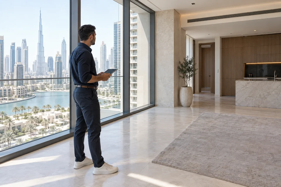 Illustrative scene of a property advisor assessing a Dubai apartment with a tablet