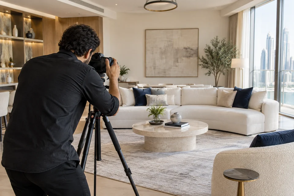 Illustrative scene of an interiors photographer preparing a holiday-home photo shoot