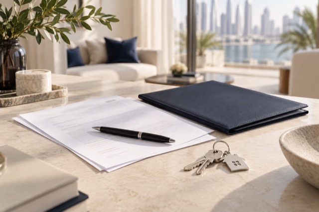 Illustrative photograph of property paperwork, a pen and house keys