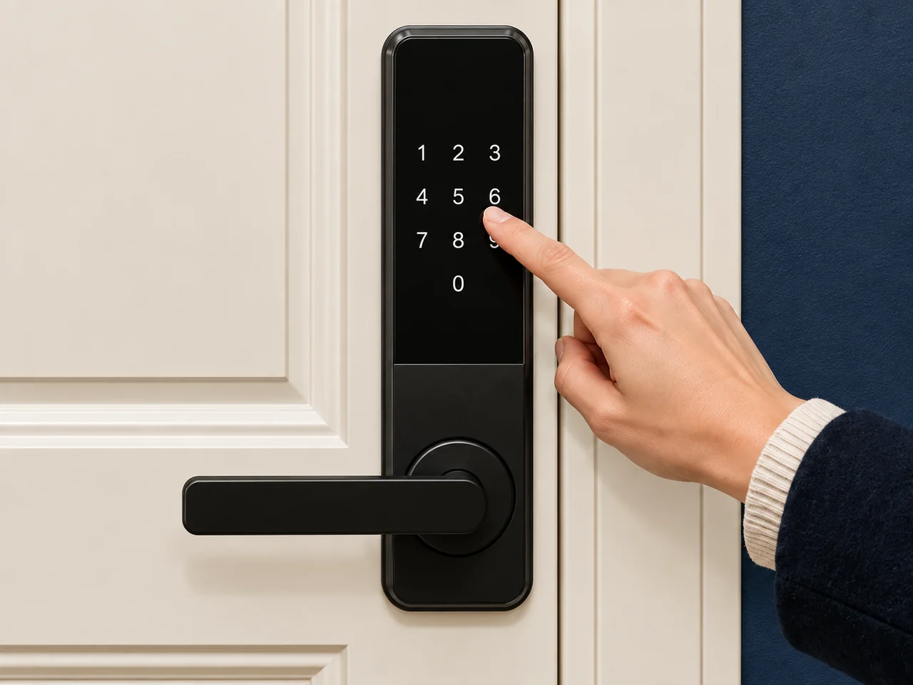 Editorial illustration of a guest using an illuminated check-in keypad.