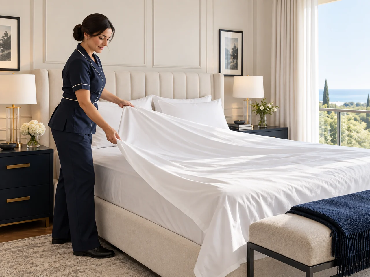 Editorial illustration of a housekeeper spreading fresh linen across a bed.