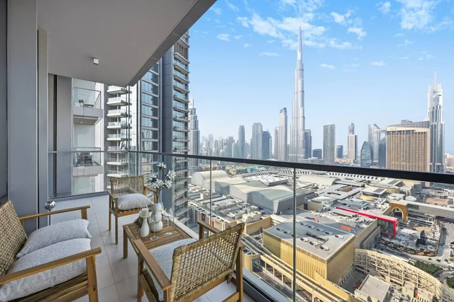 Private balcony at WiseStay’s Vida Dubai Mall residence overlooking Burj Khalifa