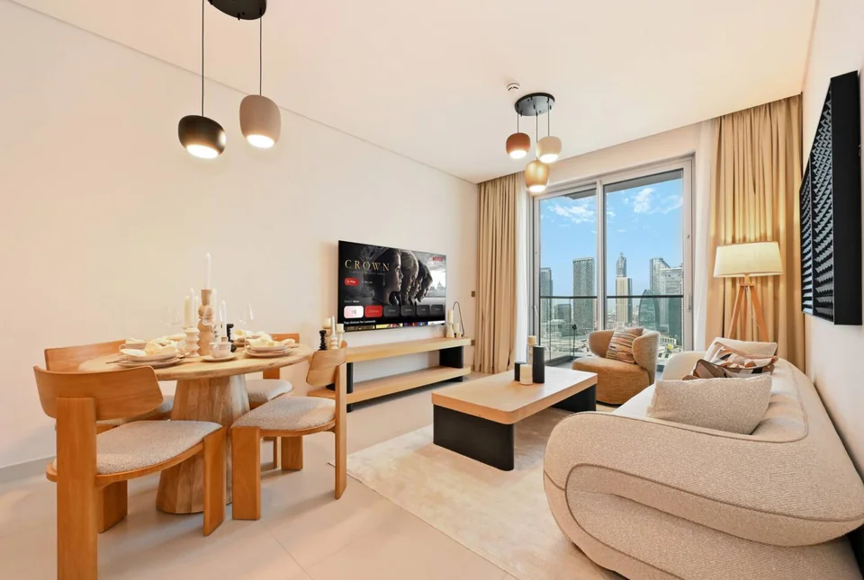 Living and dining with a Downtown Dubai view