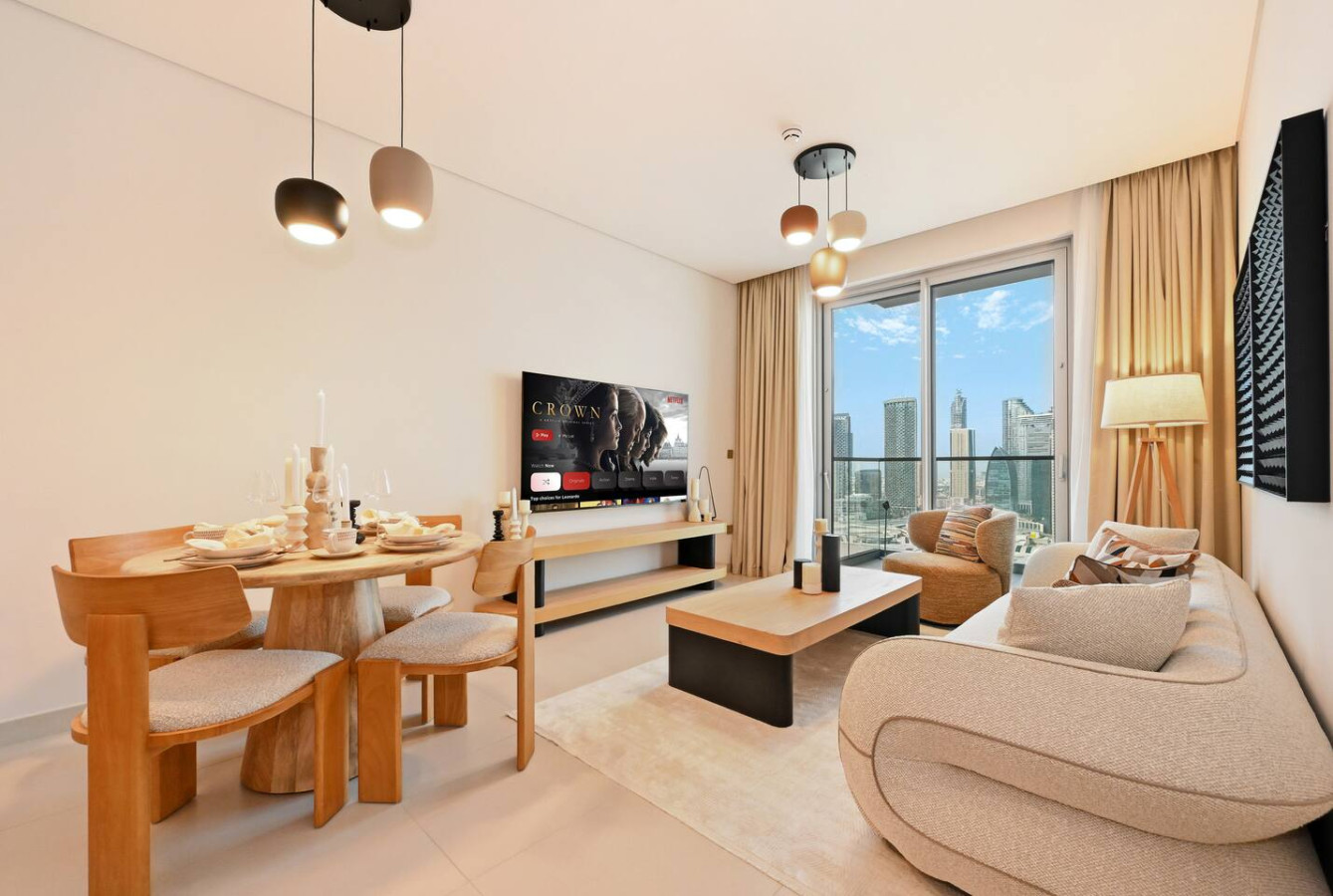 Furnished living and dining space in a WiseStay managed Dubai holiday home